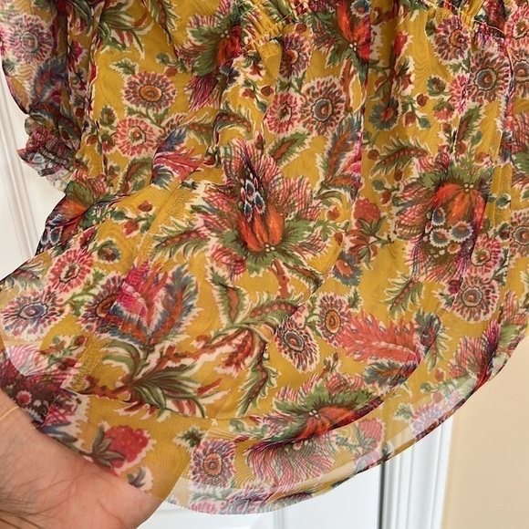 Anthropologie Gretchen Yellow Mesh Floral Print Smocked Top Blouse - Picture 6 of 9